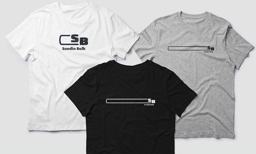 Three sample t-shirts using the logotype for Sundin Bulk