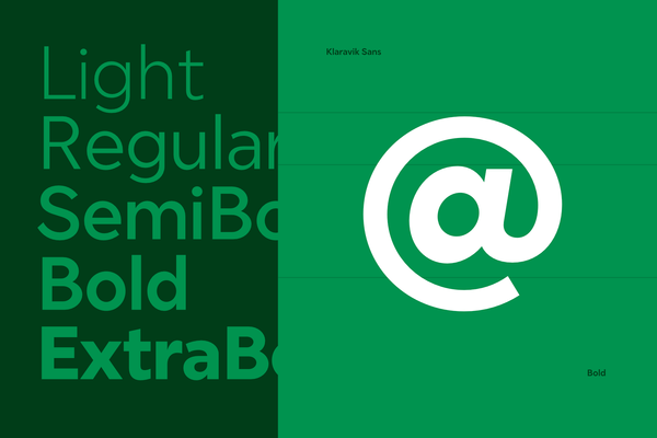 Weights and sample character for Klaravik Sans